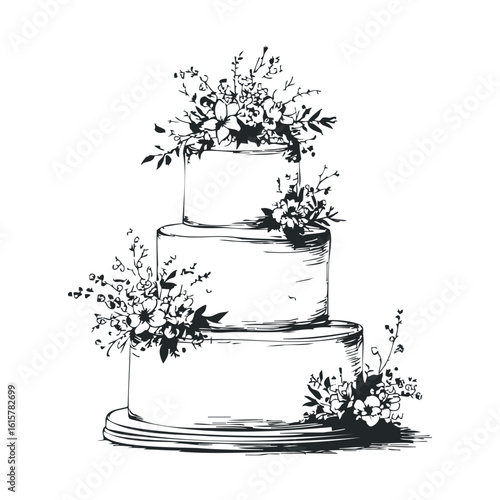 Elegant three-tier wedding cake with floral decorations in black and white illustration