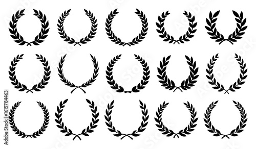 Set of 12 black laurel wreath silhouettes in classic and modern styles. Vector illustration isolated on white background for award, victory, logo, or emblem design.
