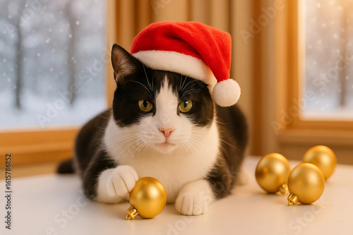 Cute Cat with Santa Hat and Christmas Ornaments