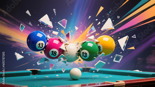 Stylized poster ready image of billiard balls breaking apart with a dynamic motion explosion effect, abstract colors and shards flying, surreal digital art style