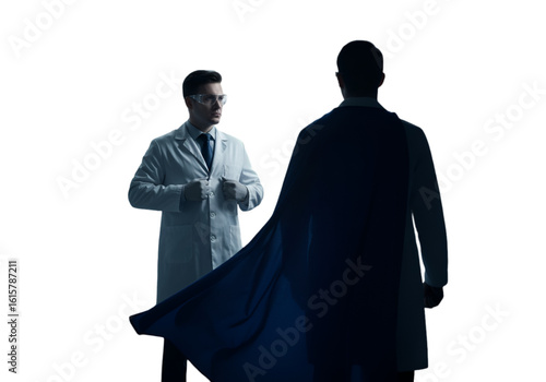 Superhero Doctor Illustration Silhouetted With Blue Cape And Glasses on Black Background