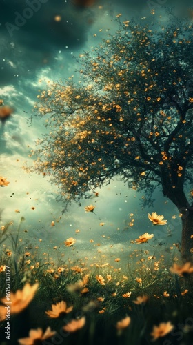Blossom Tree and Falling Flowers in Dreamy Field Landscape
