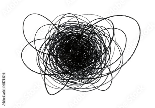 Abstract grayscale tangled lines, chaotic swirling vortex, dark moody background, intricate design element  transparent background