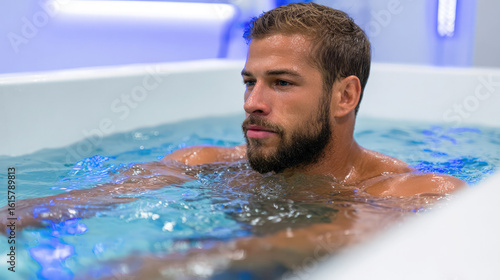 Athletic man relaxing in hydrotherapy pool during spa treatment session, highlighting wellness, fitness recovery and modern self-care in a clean indoor setting.