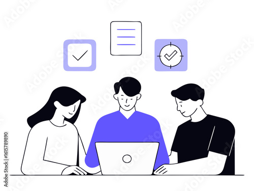 Team Collaboration: A vibrant illustration depicts three individuals engrossed in teamwork, with a laptop central to their efforts, emphasizing unity and shared goals.