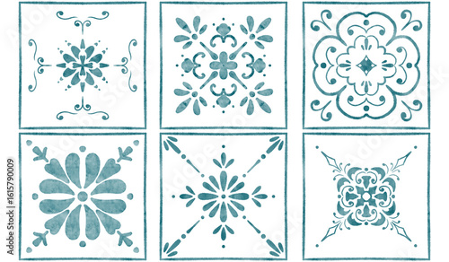 six tiles with blue watercolor patterns © ZoiaS