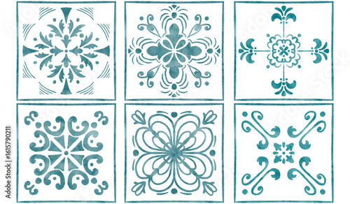 six tiles with blue watercolor patterns © ZoiaS