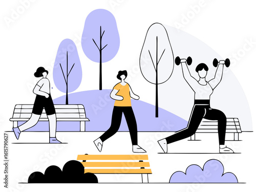 Energetic Fitness in the Park: Illustrations of individuals enjoying diverse fitness activities in a park setting.