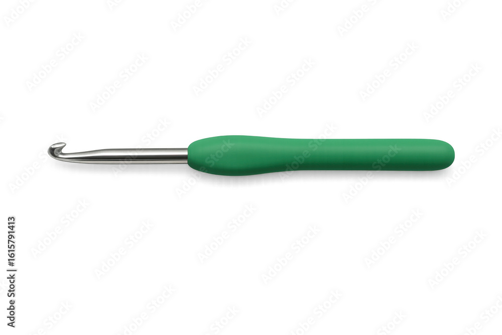 Fototapeta premium Green crochet hook lying horizontally on a transparent background, ready for knitting and crocheting