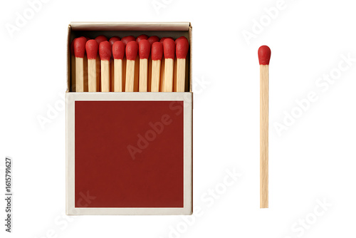Top-down view of an open matchbox filled with new wooden matches with red heads, with one single match laid beside it, isolated on a pure white background.