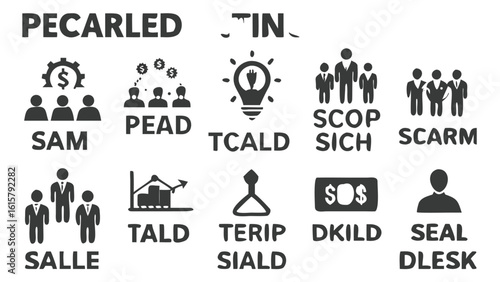 Collection of Business and Finance Related Icons with Text Labels Displaying Company or Department Names in Bold Letters