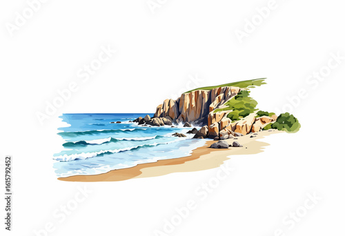 Coastal landscape with cliffs and beach in watercolor style  