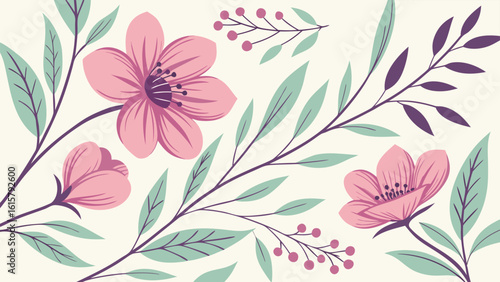 Repeating Hand-Painted Watercolor Background with Stylized Pink Flowers