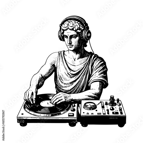 Greek god dj sketch engraving black and white outline. Scratch board imitation.  illustrated in vintage line art style on a white background.