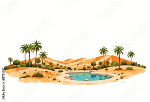Desert oasis with palm trees and clear water surrounded by dunes  