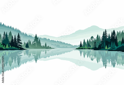 Serene landscape of mountains and pine trees reflecting in water  