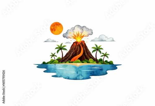 Colorful volcanic island with eruption surrounded by ocean and palm trees  