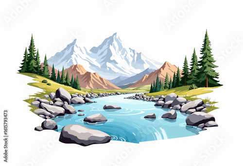 Scenic river flowing through mountains with pine trees and rocks  