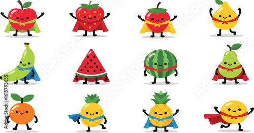 Cartoon superhero fruits isolated on white background, cute colorful characters for kids, playful healthy food illustration perfect for stock media
