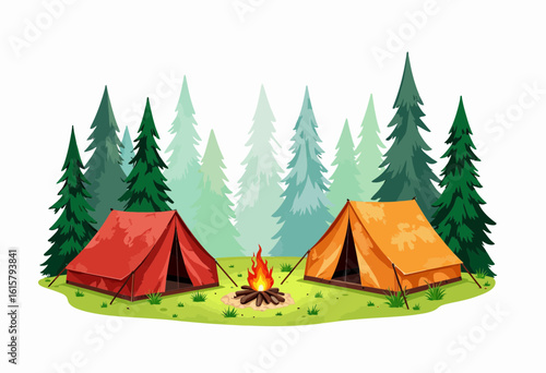 Campground with red and orange tents near campfire in forest  