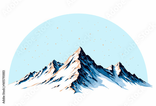 Mountain landscape with snow-capped peaks and blue sky background  