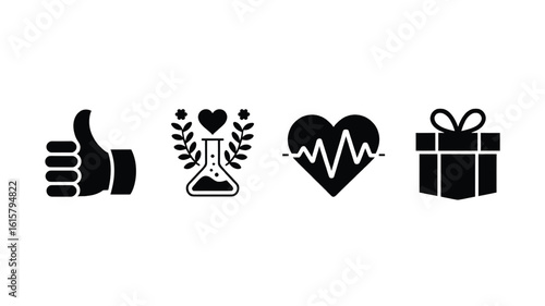 Black and White Icons Representing Health Science Appreciation and Positive Feedback on White Background
