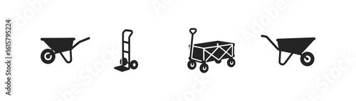Gardening tools silhouette icon set. wheelbarrow, trolley, wagon, dolly shapes collection