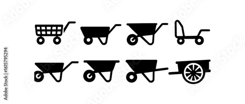 Gardening, landscaping silhouette icon set. wheelbarrow, cart, trolley silhouettes