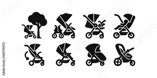Baby stroller silhouette icon set. pram, buggy symbols black collection
