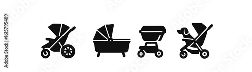 Baby gear silhouette icon set. stroller, crib, wagon, carrier essentials