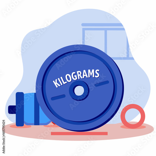 Weight plate in blue color with kilograms label on exercise mat  