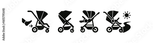 Baby stroller silhouette icon set for childcare and parenting essentials