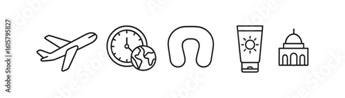 Travel and tourism outline icon set. transportation, vacation, planning line symbols