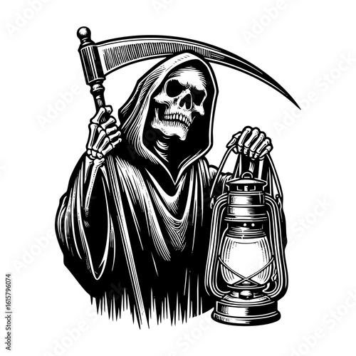 Grim reaper holding lantern sketch engraving black and white outline. Scratch board imitation.