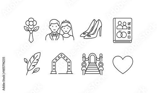 Wedding and celebration outline icon set. romantic, marriage outline icons collection