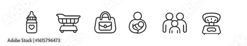 Parenting essentials icon set. baby, family, shopping, outline style collection