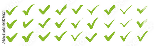 Set of graffiti-like check marks of various shapes, handwritten certification, protection and official marks