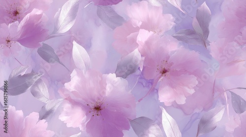 Delicate pink flowers create a soft and dreamy background. The petals have a gentle elegance, perfect for design projects. Use this for spring themes or romantic visuals. AI