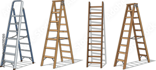 Different ladder types, step ladder, extension ladder, metal ladder, wooden ladder, DIY tool, construction equipment, home improvement tool, safety gear, durable climbing solutions