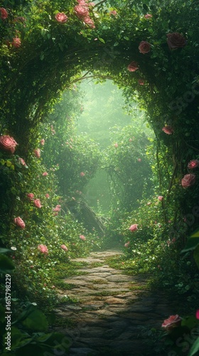 Walking Path Through Rose Covered Arches Into Mystical Forest