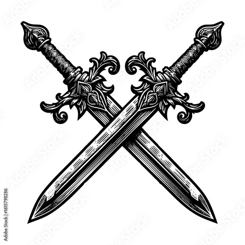 two swords crossed sketch engraving black and white outline. Scratch board imitation.