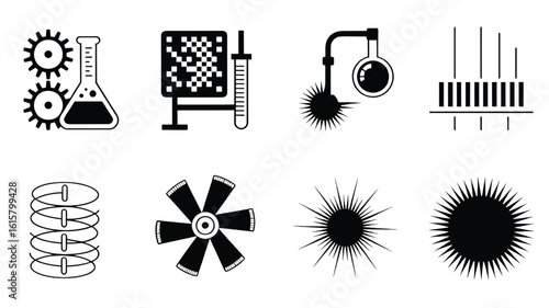 Set of black and white scientific and mechanical vector icons featuring gears flasks data analysis and radiating designs