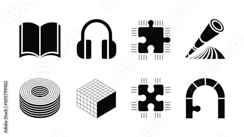 Collection of Universal Black and White Icons Depicting Learning Technology and Interconnectivity Isolated on White Background
