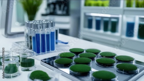 seaweed spirulina Chlorellaceae displays showing outcomes and effects in lab