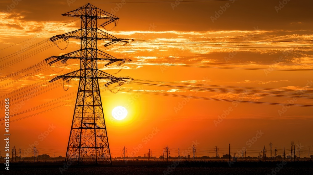 Fototapeta premium Silhouette of power lines at sunset
