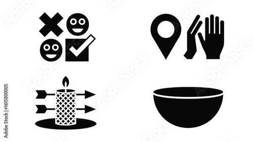 Conceptual Icon Set Representing Choice Location Spirituality and Nourishment in Clean Minimalist Style