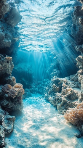 Underwater Scene with Sun Rays and Coral Reef