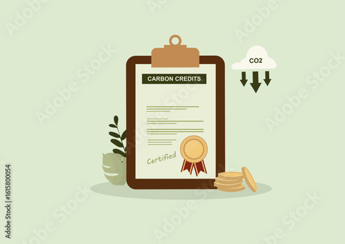 Carbon Credits Certification Document with CO2 Reduction. Professional carbon credits certificate on clipboard showing environmental sustainability compliance with CO2 emission reduction. Vector 