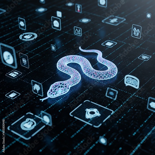Digital Snake Cybersecurity Network, Data Protection, AI Technology Concept