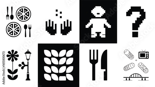 Diverse Black and White Icon Set Featuring Food Technology Nature and Culture Representing Varied Aspects of Modern Life and Design
